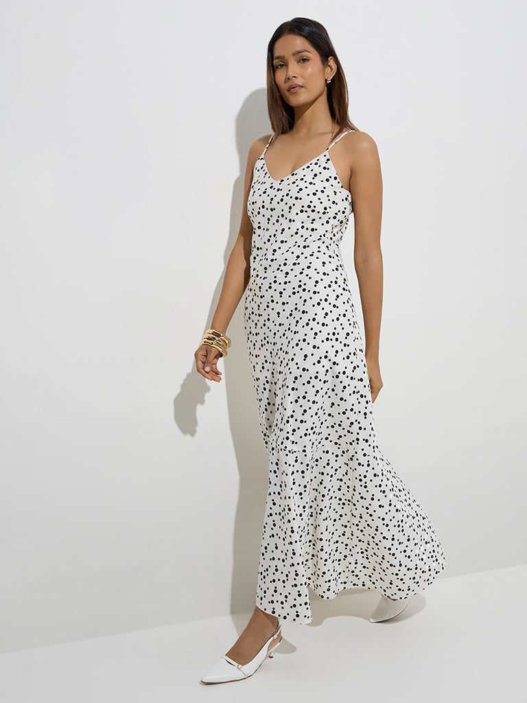 Westside Wardrobe Women's Ivory Polka Dotted A-Line Dress for Work Wear Front View
