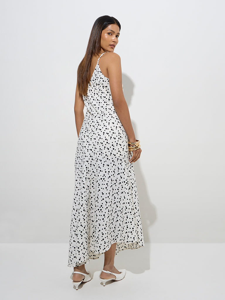 Westside Wardrobe Women's Ivory Polka Dotted A-Line Dress for Work Wear Back View