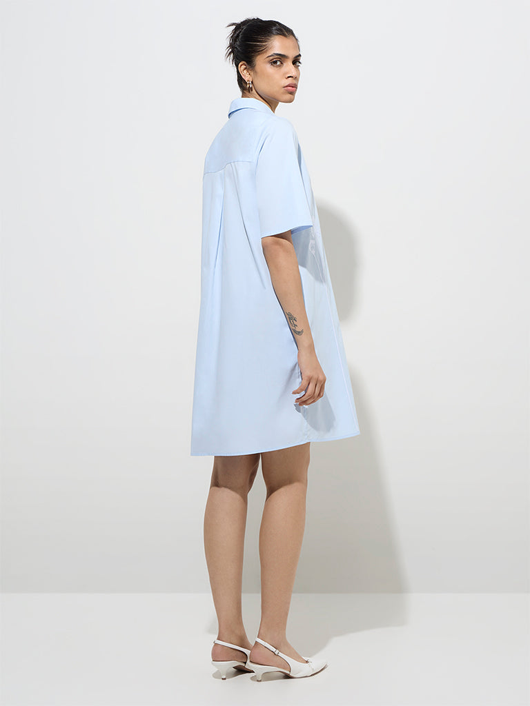 Westside Wardrobe Women's Light Blue Floral Embroidered Cotton Shirt Dress for Work Wear Back View