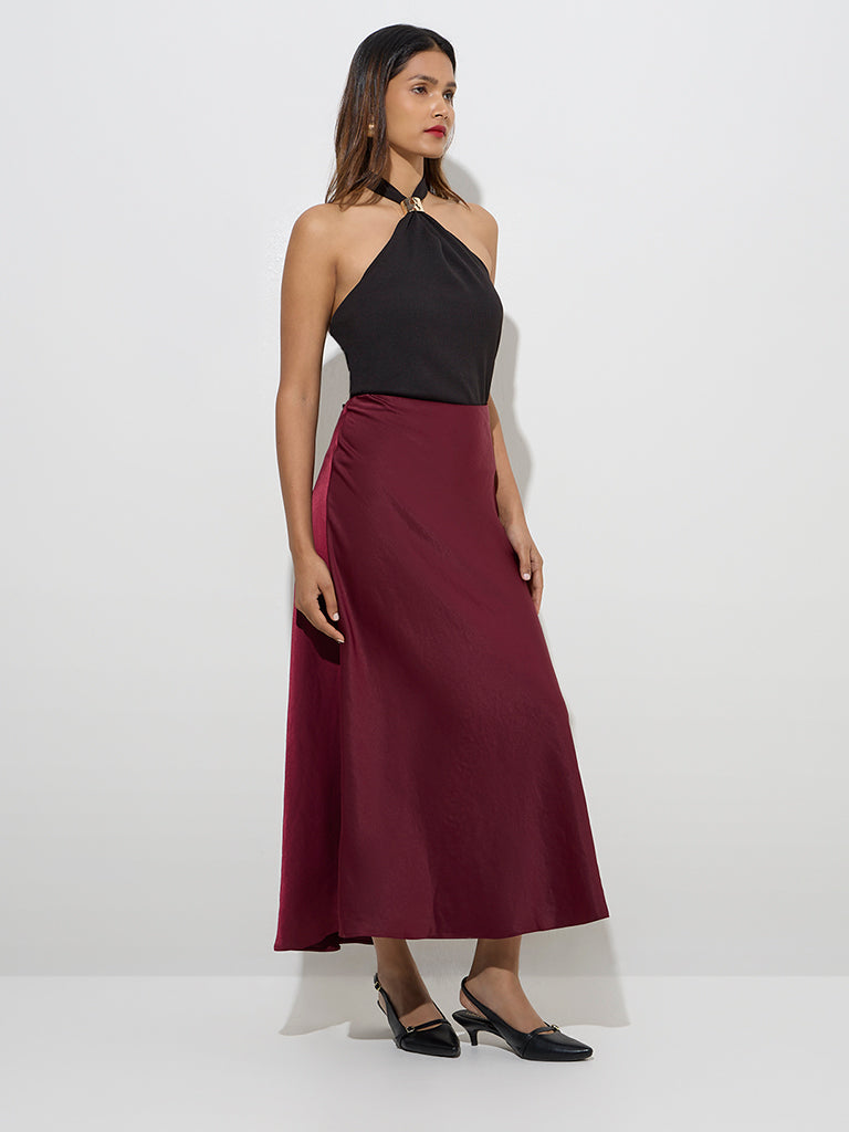 Westside Wardrobe Women's Maroon Solid High-Rise Maxi Skirt for Work Wear Front View