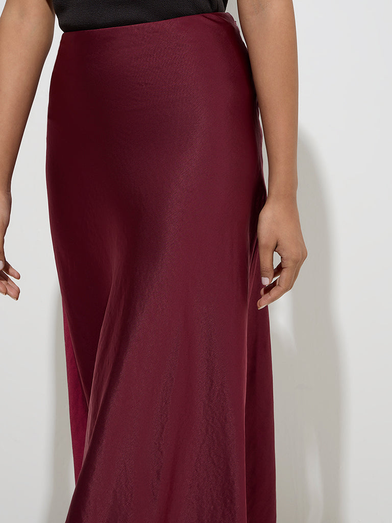 Westside Wardrobe Women's Maroon Solid High-Rise Maxi Skirt for Work Wear Zoomed View