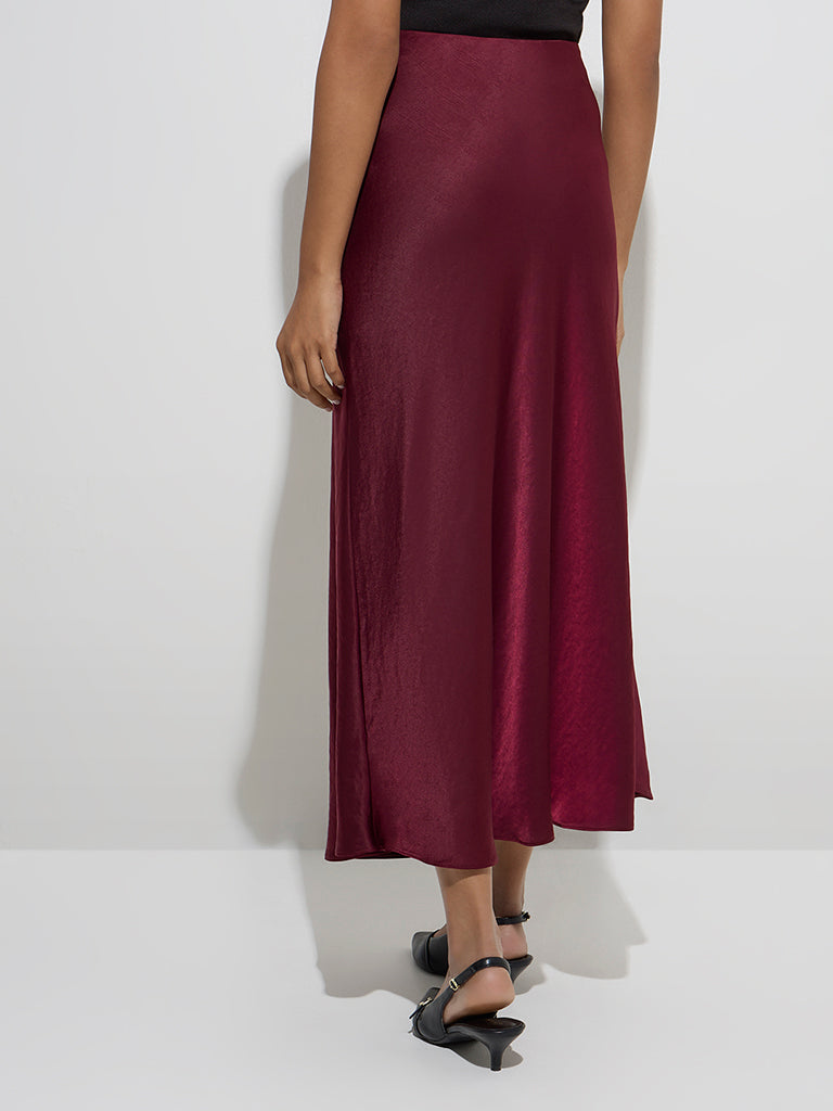 Westside Wardrobe Women's Maroon Solid High-Rise Maxi Skirt for Work Wear Back View
