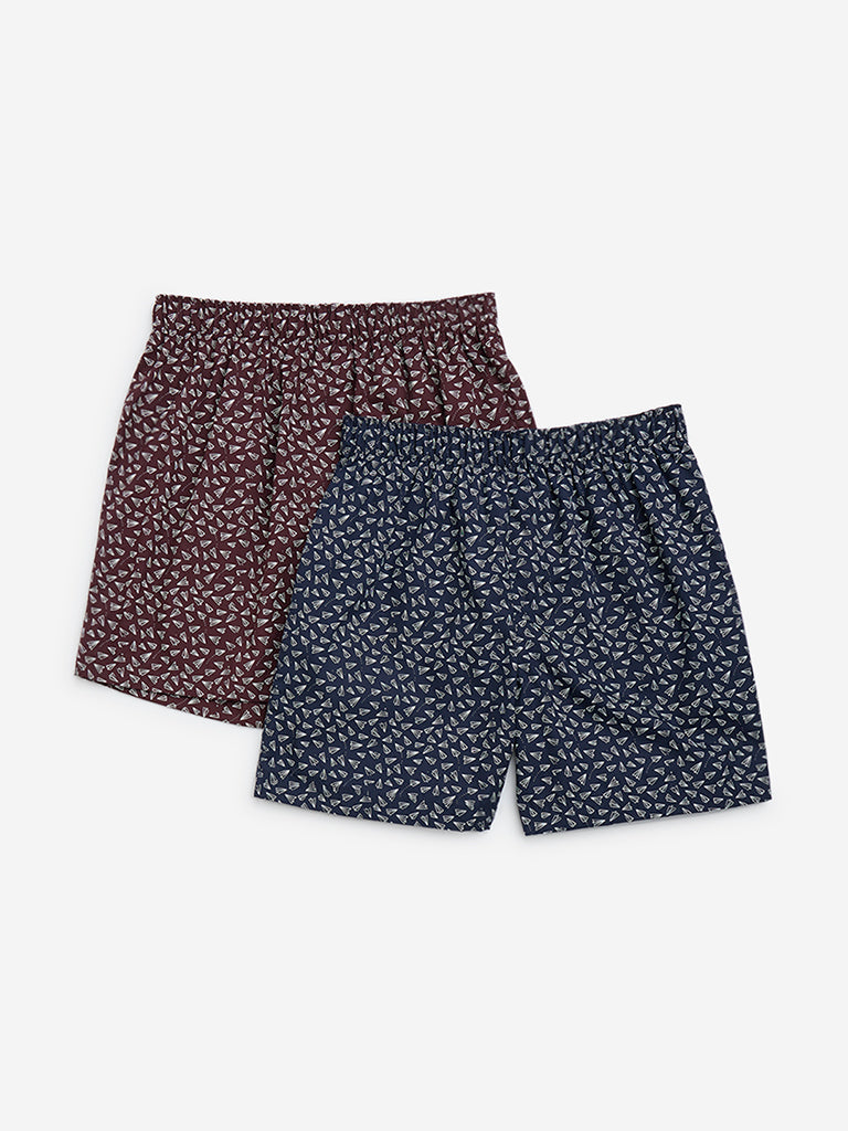 Westside WES Lounge Men's Wine Relaxed-Fit Cotton Boxers- Pack of 2 for Casual Wear Front Pack View