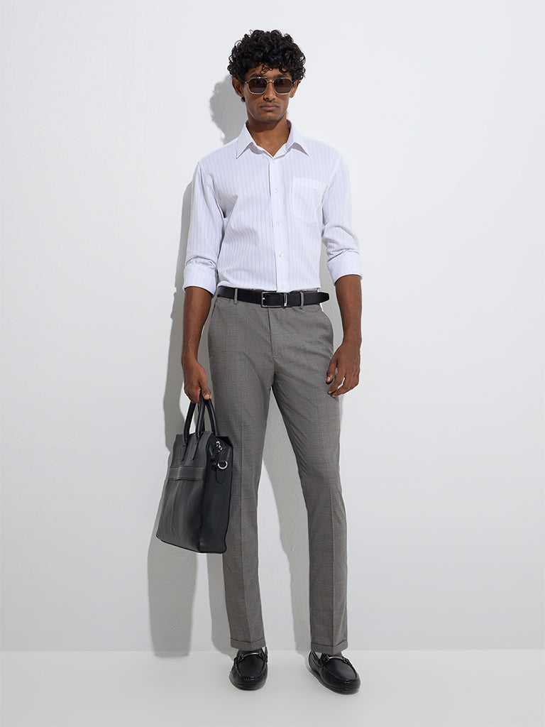 Westside WES Formals Men's Grey Checkered Relaxed-Fit Mid-Rise Trousers for Work Wear Full Model View