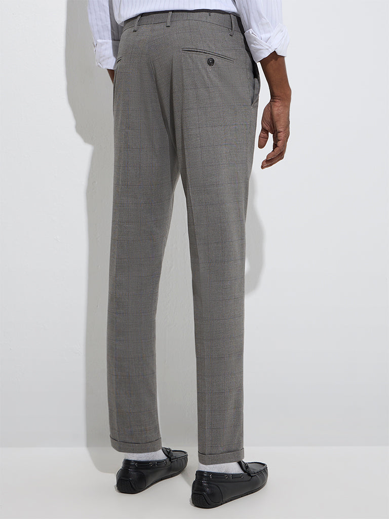 Westside WES Formals Men's Grey Checkered Relaxed-Fit Mid-Rise Trousers for Work Wear Back View