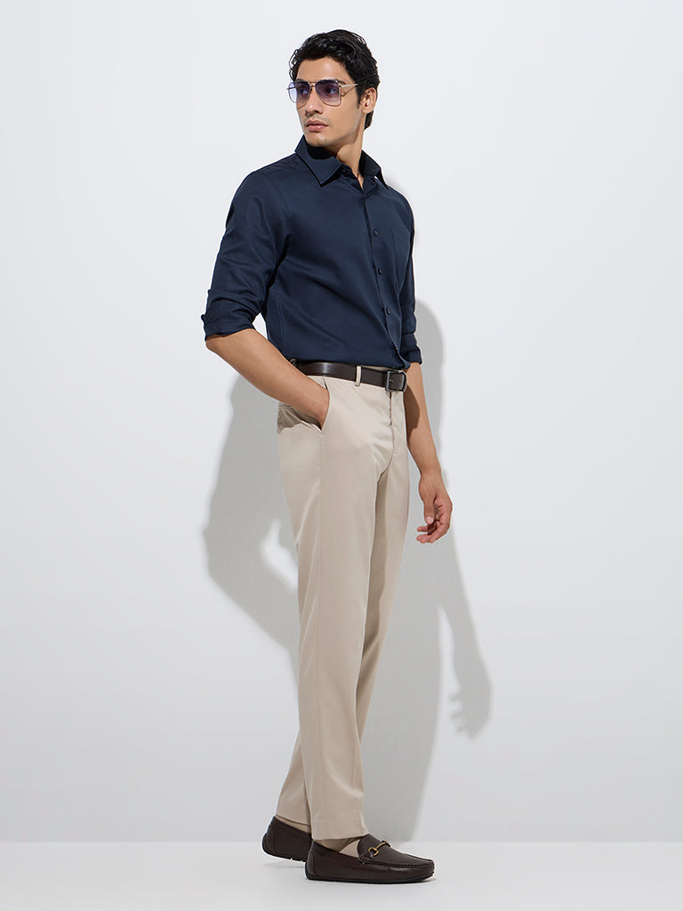 Westside WES Formals Men's Beige Slim-Fit Mid-Rise Trousers for Work Wear Full Model View
