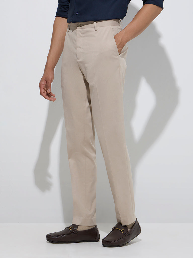 Westside WES Formals Men's Beige Slim-Fit Mid-Rise Trousers for Work Wear Front View