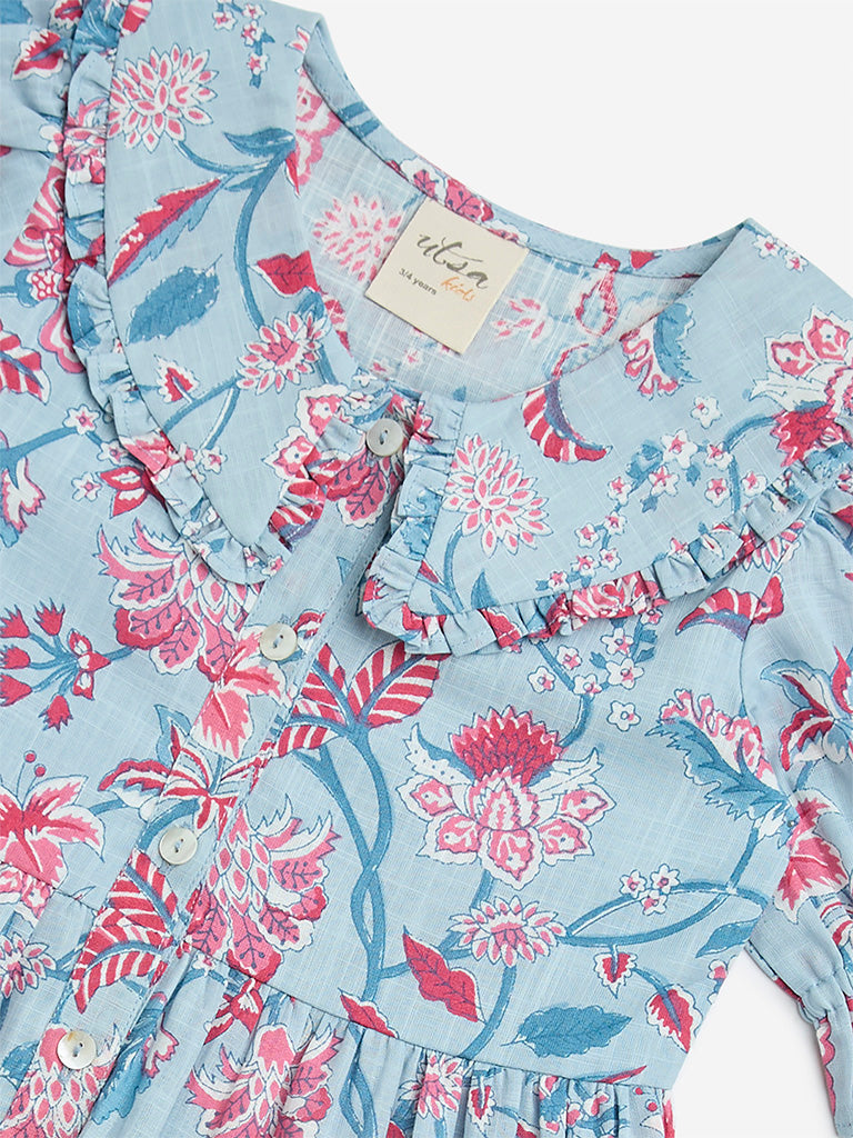 Westside Utsa Kids Blue Floral Printed Cotton Shirt Dress - (2-8yrs) for Ethnic Wear Zoomed View