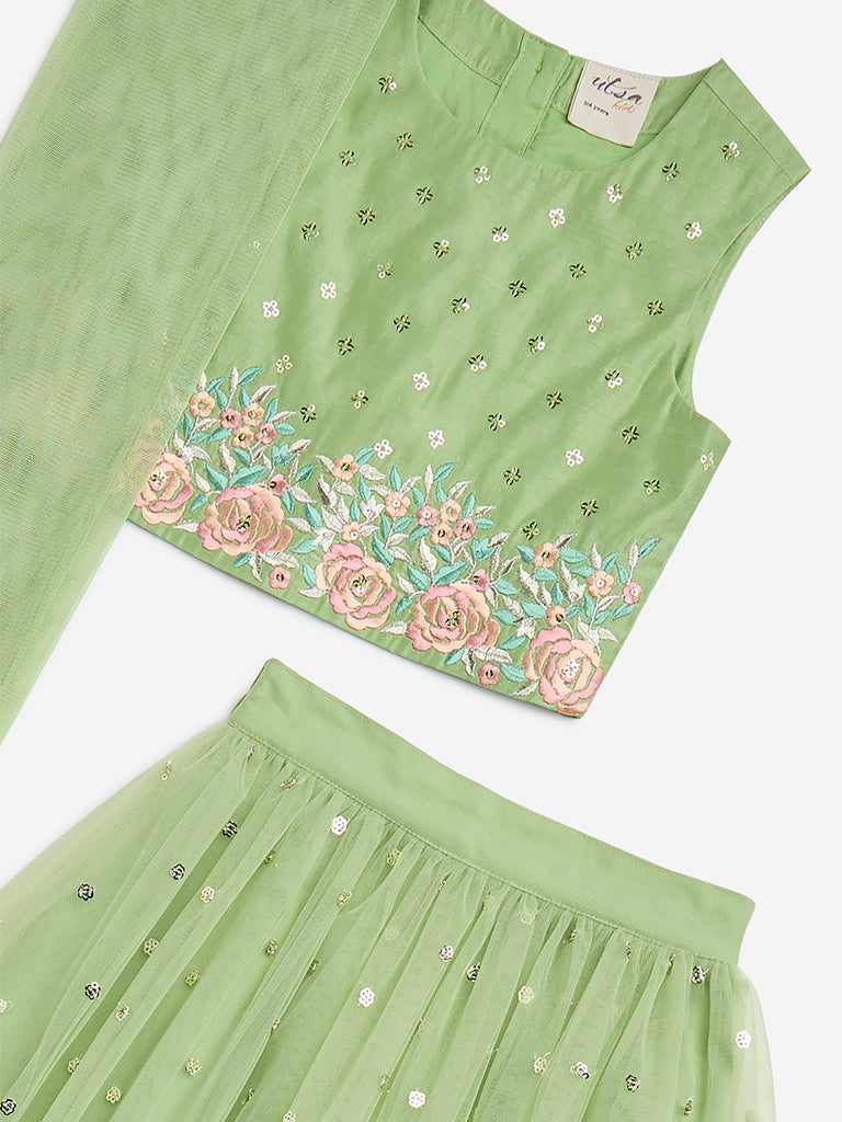 Westside Utsa Kids Light Green Embroidered Choli, Ghagra and Dupatta Set - (2-8yrs) for Ethnic Wear Zoomed View