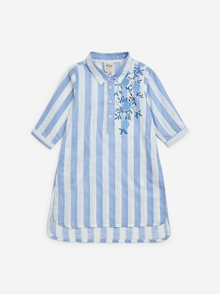 Utsa Kids Blue Stripe Printed Cotton Ethnic Kurti - (2-8yrs)