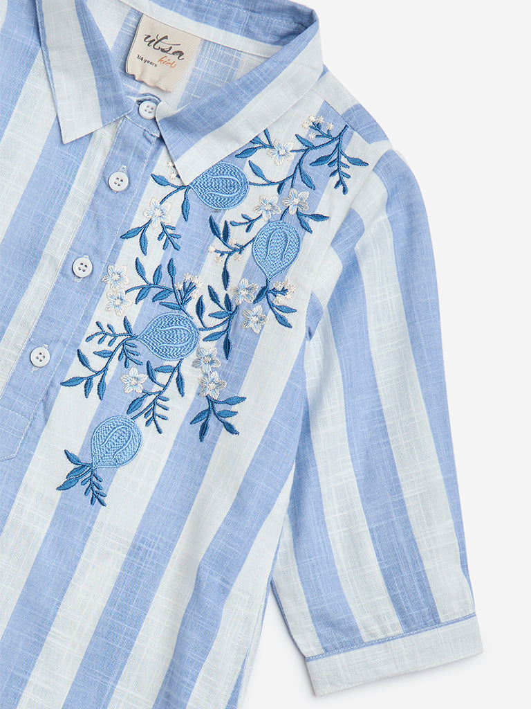 Utsa Kids Blue Stripe Printed Cotton Ethnic Kurti - (2-8yrs)