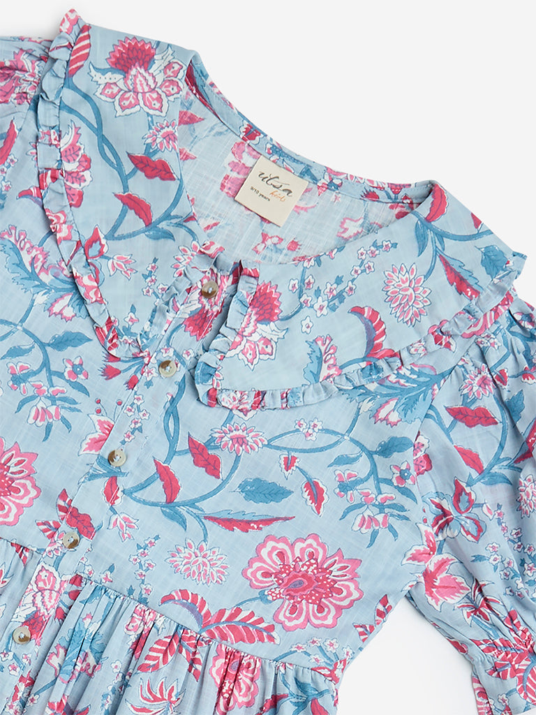 Westside Utsa Kids Blue Floral Printed Cotton Shirt Dress - (8-14yrs) for Ethnic Wear Zoomed View