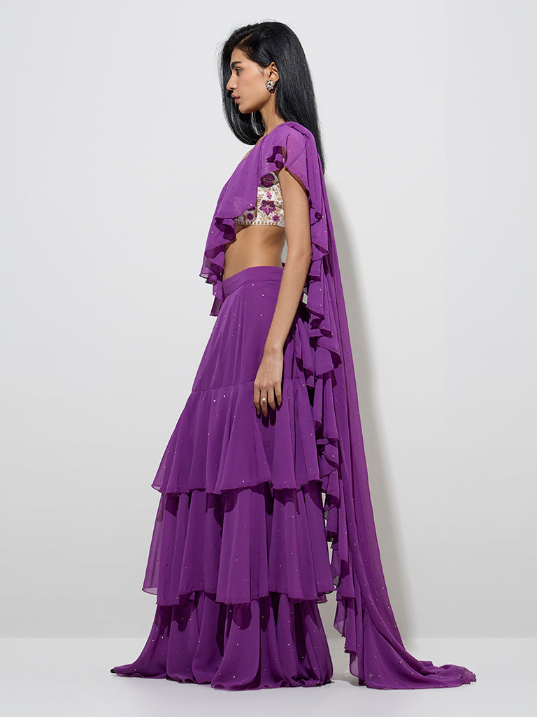 Westside Vark Women's Plum Sequins Embellished Ready-To-Wear Saree for Festive Wear Full Model View