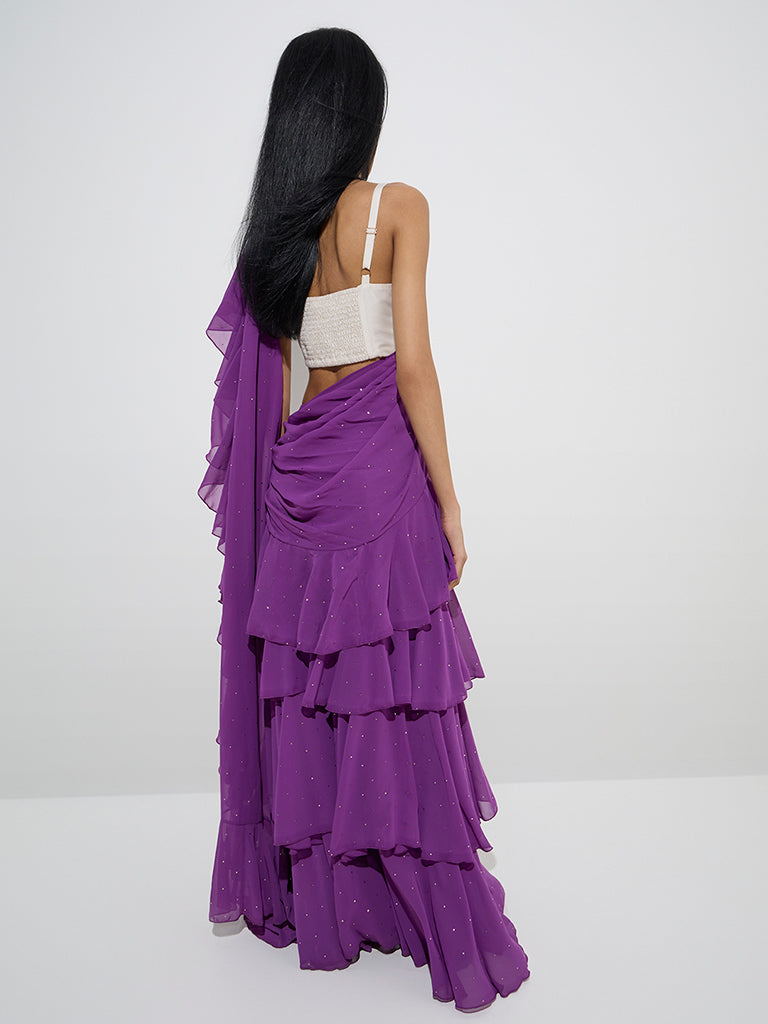 Westside Vark Women's Plum Sequins Embellished Ready-To-Wear Saree for Festive Wear Back View