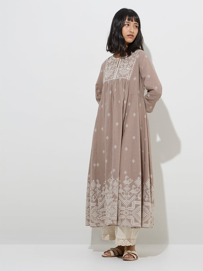 Westside Utsa Women's Taupe Embroidered Cotton A-Line Kurta for Work Wear Full Model View