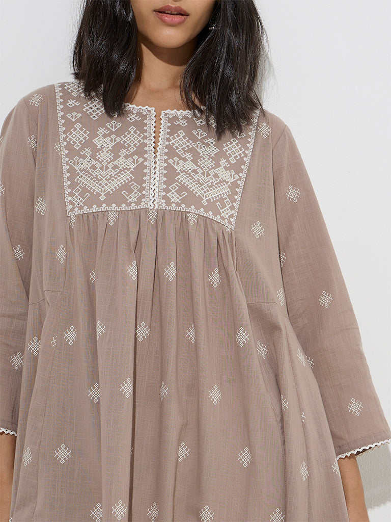Westside Utsa Women's Taupe Embroidered Cotton A-Line Kurta for Work Wear Zoom View