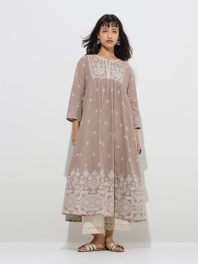 Westside Utsa Women's Taupe Embroidered Cotton A-Line Kurta for Work Wear Front View