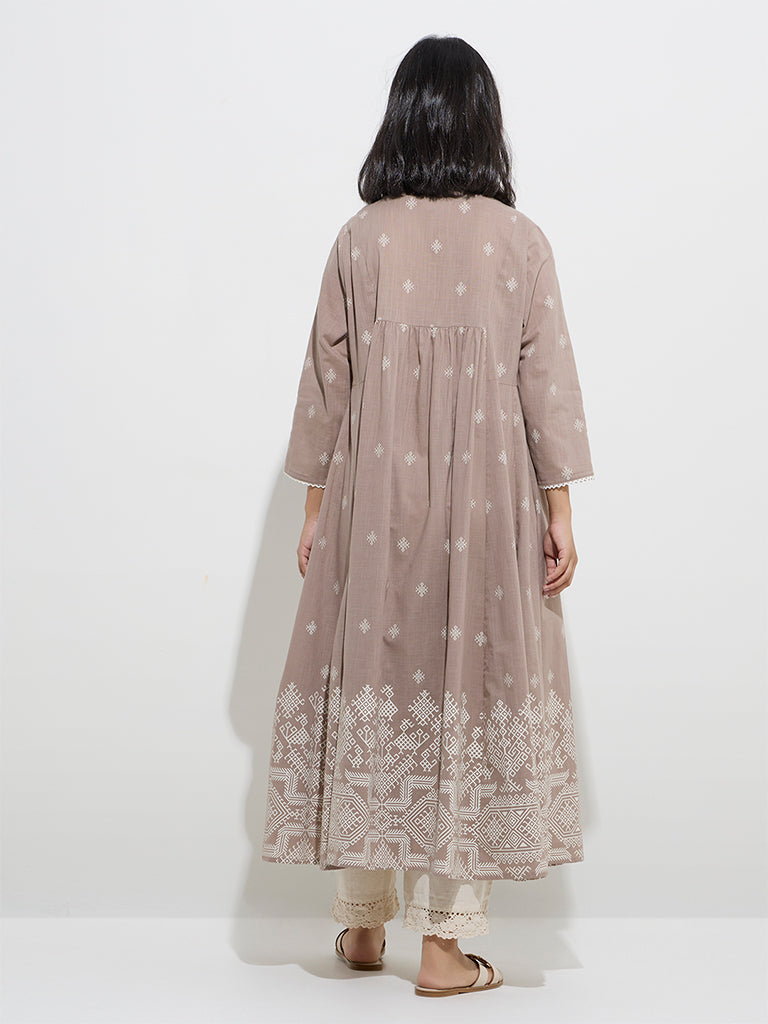 Westside Utsa Women's Taupe Embroidered Cotton A-Line Kurta for Work Wear Back View