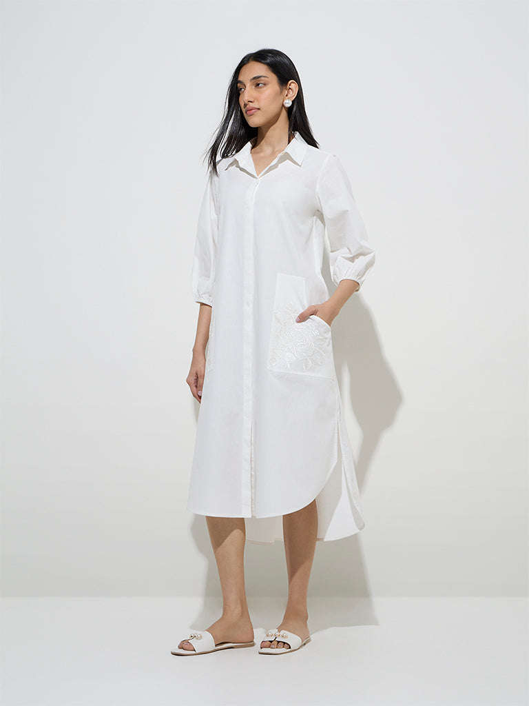 Buy Utsa White Floral Embroidered Cotton Shirt Dress from Westside