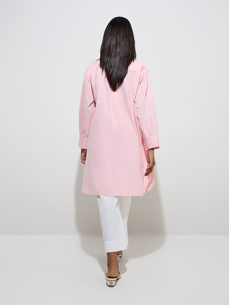 Westside Utsa Women's Pink Crochet-Detailed High-Low Cotton Kurti for Work Wear Back View