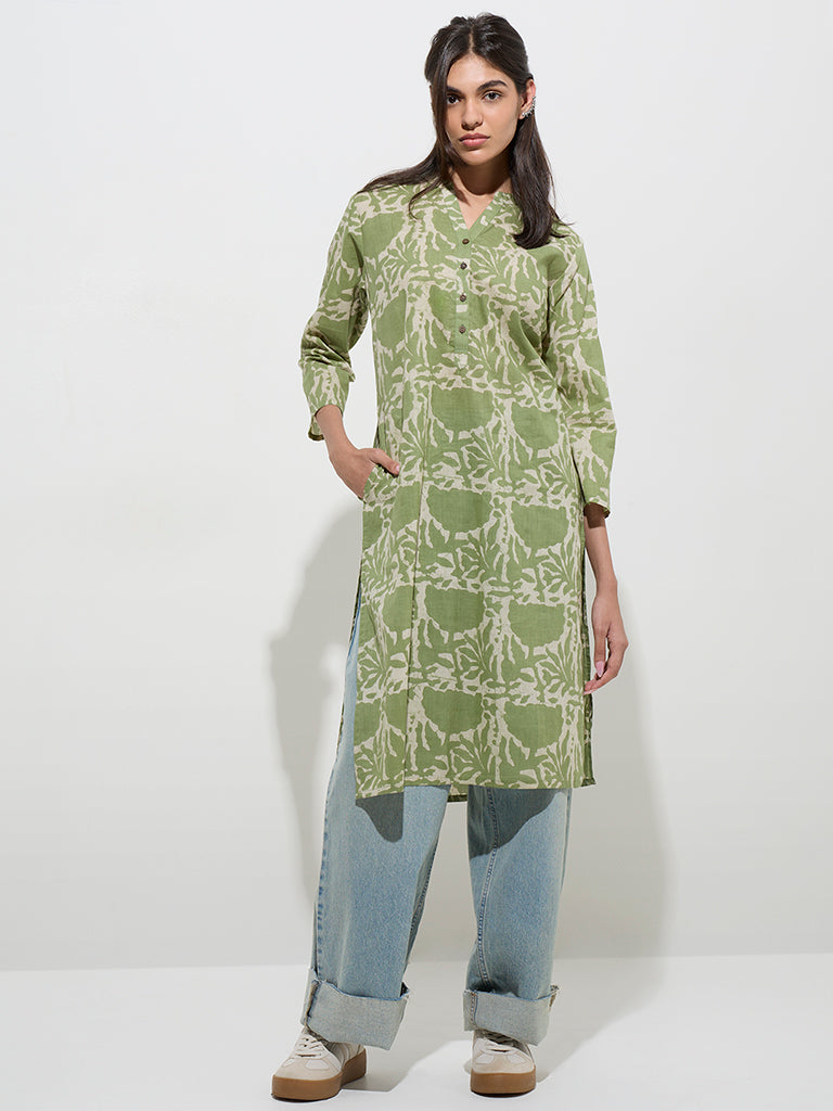 Utsa Green Abstract Pattern Cotton Straight Kurta