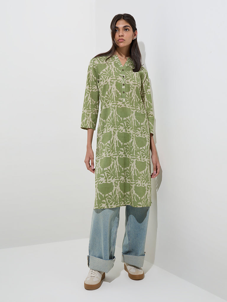 Utsa Green Abstract Pattern Cotton Straight Kurta