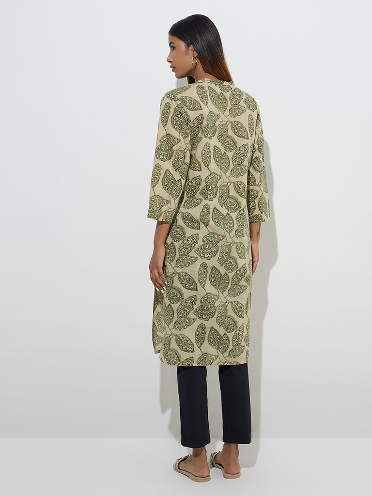 Westside Utsa Women's Green Leaf Design Straight Cotton Kurta for Everyday Back View