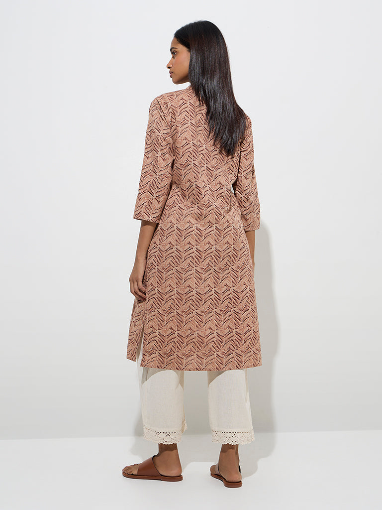 Westside Utsa Women's Light Brown Leaf Printed Straight Cotton Kurta for Everyday Back View
