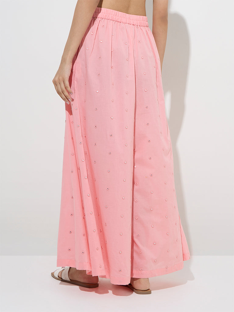 Utsa Pink Mirror-Detailed Cotton Palazzos