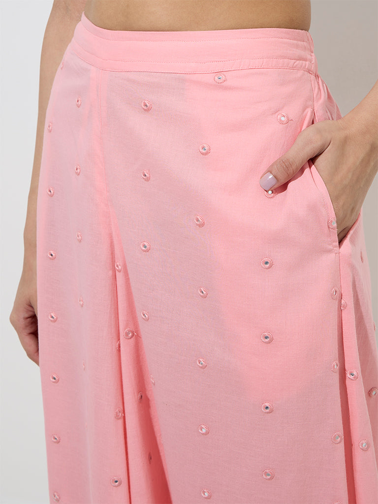 Utsa Pink Mirror-Detailed Cotton Palazzos