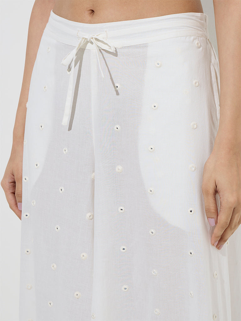 Westside Utsa Women's White Mirror-Detailed Cotton Palazzos for Work Wear Zoomed View