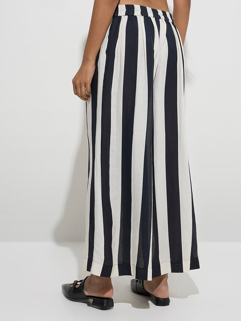Westside Zuba Women's Black Stripe Printed Ethnic Palazzos for Work Wear Back View
