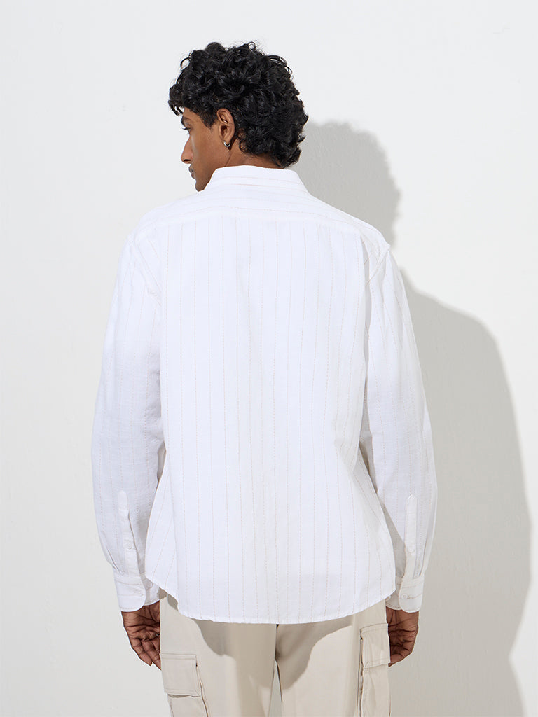 Westside WES Casuals Men's White Pinstriped Relaxed-Fit Cotton-Blend Shirt for Casual Wear Back View