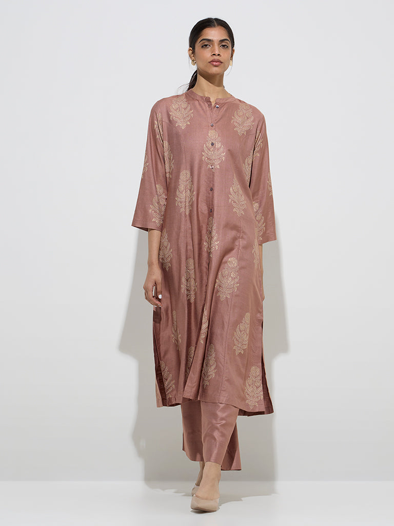 Zuba Dusty Pink Floral Design A-Line Kurta