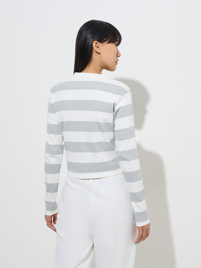 Westside Studiofit Women's Grey Ribbed-Textured Cotton-Blend T-Shirt for Sports Wear Back View