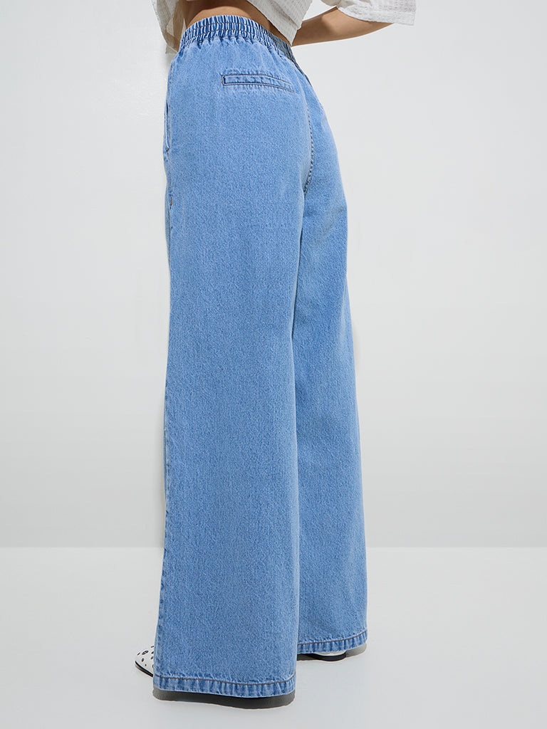 Westside Nuon Women's Blue Wide-Leg High-Rise Jeans for Casual Wear Back View