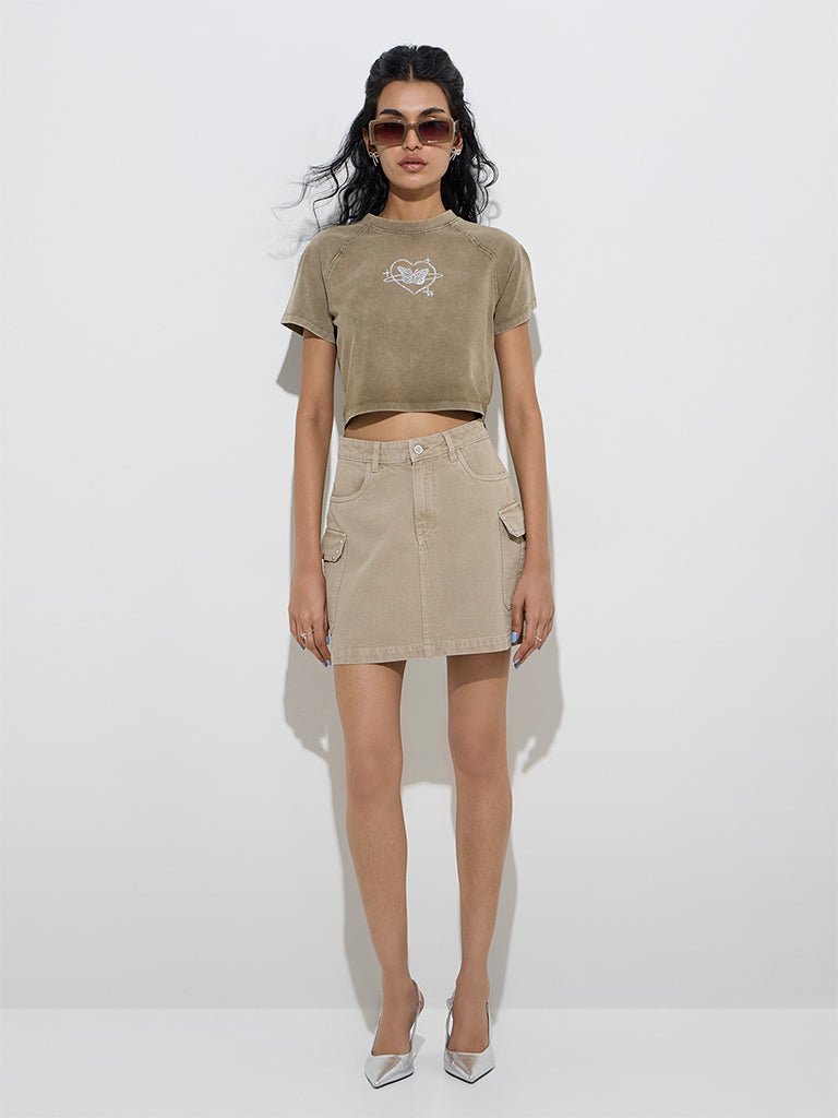 Westside Nuon Women's Beige High-Rise Denim Skirt for Casual Wear Front View