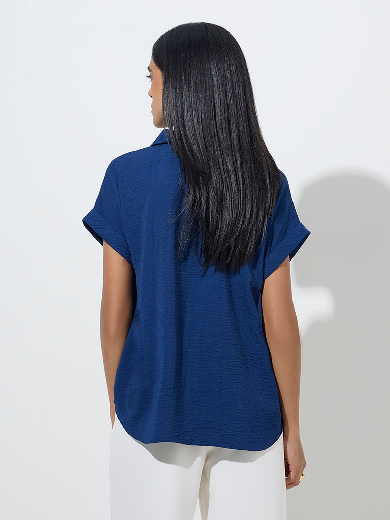 Westside Wardrobe Women's Blue Textured Blouse for Work Wear Back View