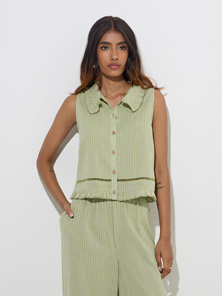LOV Sage Stripe Printed Cotton-Blend Top