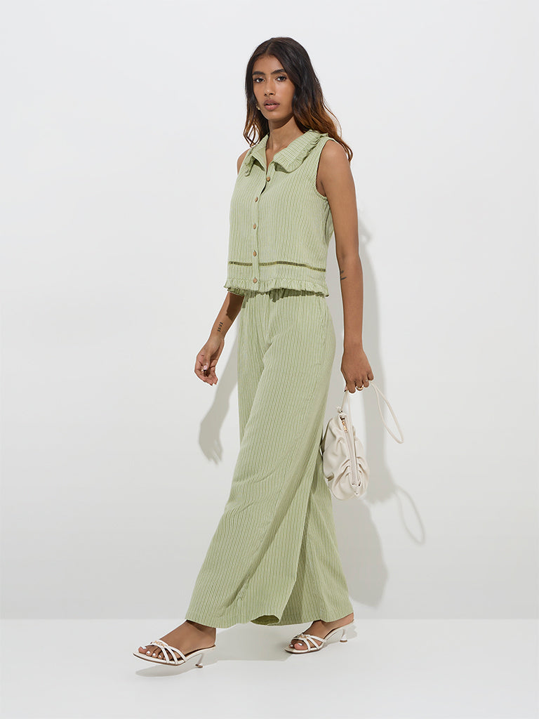LOV Sage Stripe Printed Cotton-Blend Top