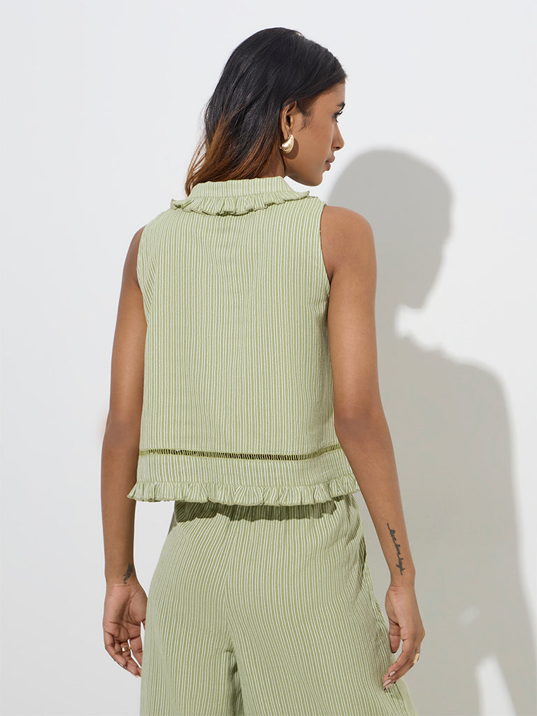 LOV Sage Stripe Printed Cotton-Blend Top