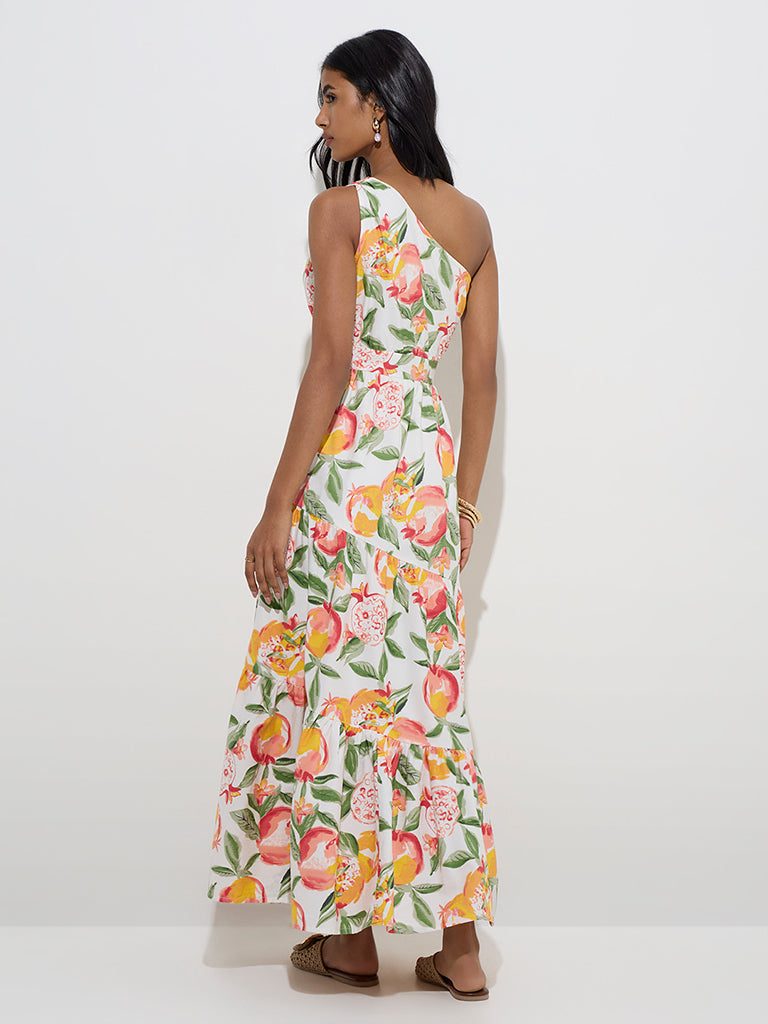 Westside LOV Women's White Botanical Design One-Shoulder Dress for Casual Wear Back View