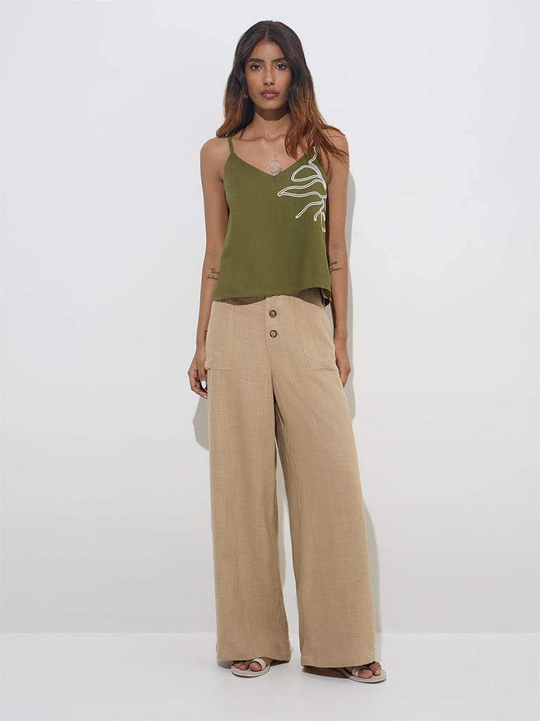 Westside LOV Women's Beige Wide-Leg Fit High-Rise Trousers for Casual Wear Front View