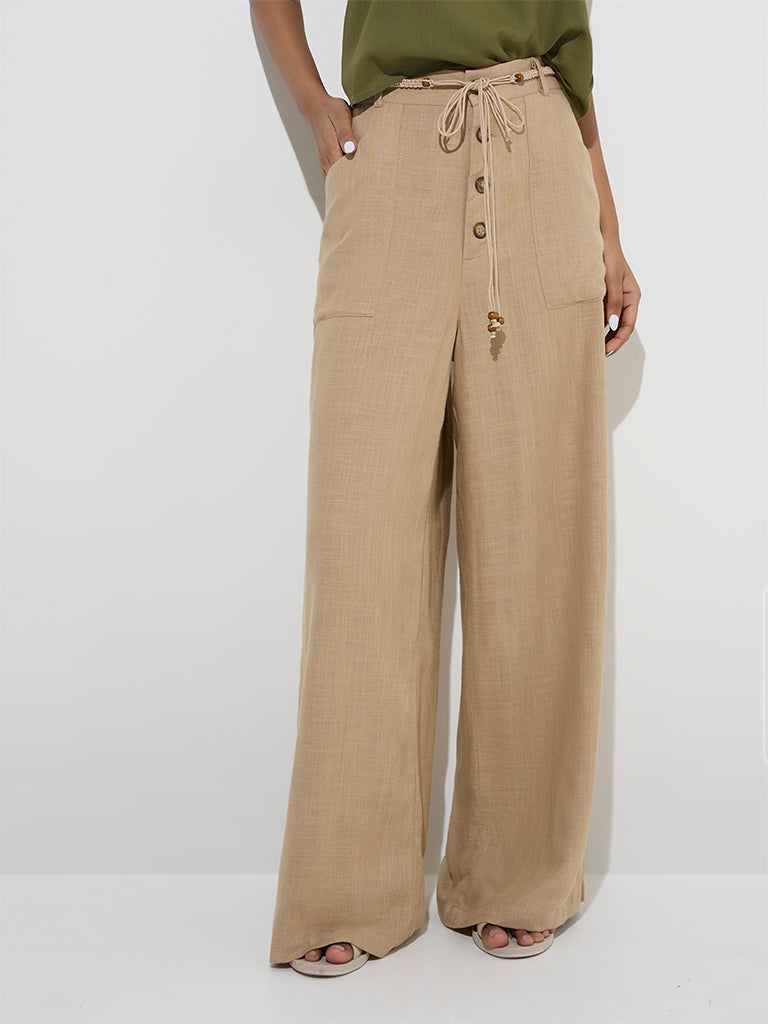 Westside LOV Women's Beige Wide-Leg Fit High-Rise Trousers for Casual Wear Front View