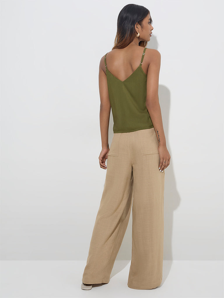 Westside LOV Women's Beige Wide-Leg Fit High-Rise Trousers for Casual Wear Back View