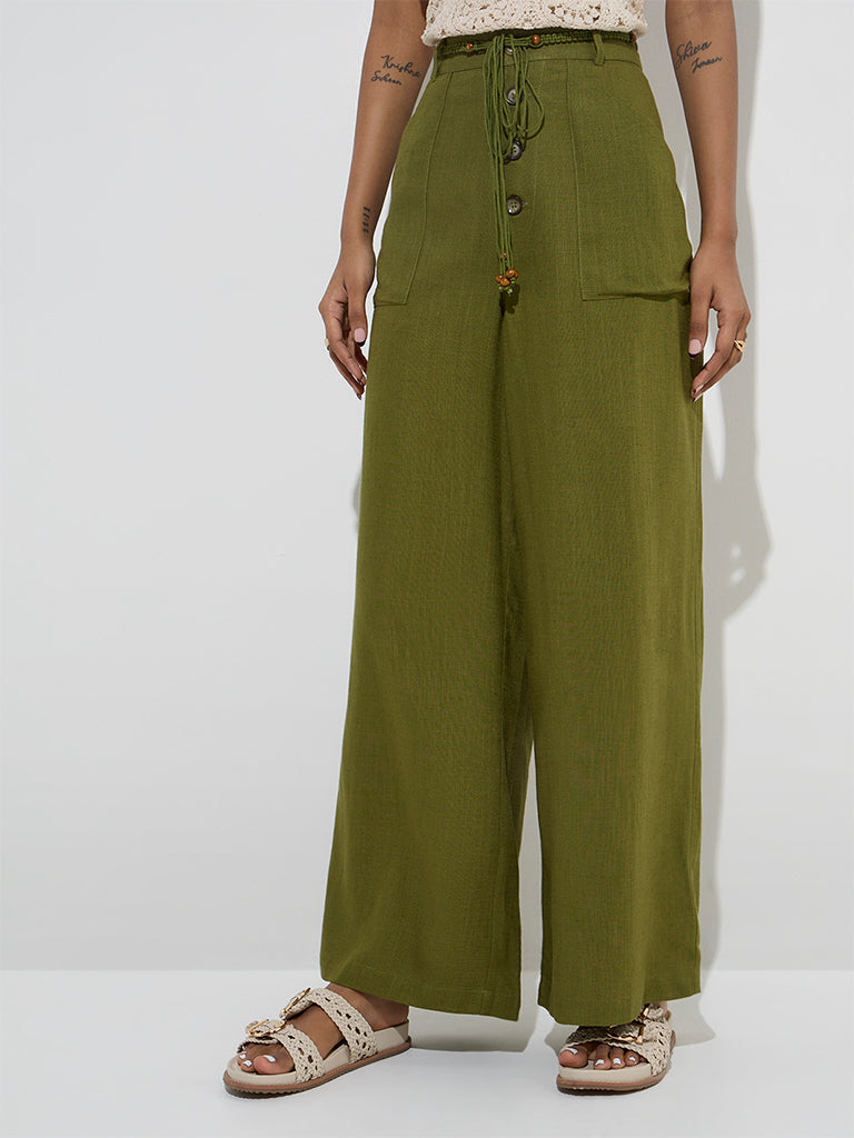LOV Olive Wide Leg-Fit High-Rise Trousers