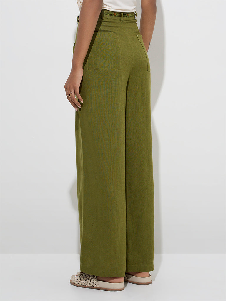 LOV Olive Wide Leg-Fit High-Rise Trousers