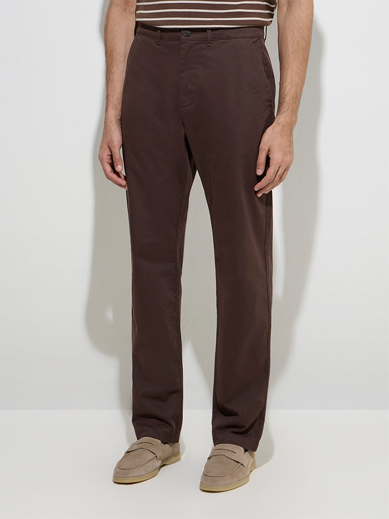 Ascot Dark Brown Relaxed-Fit Mid-Rise Cotton-Blend Chinos