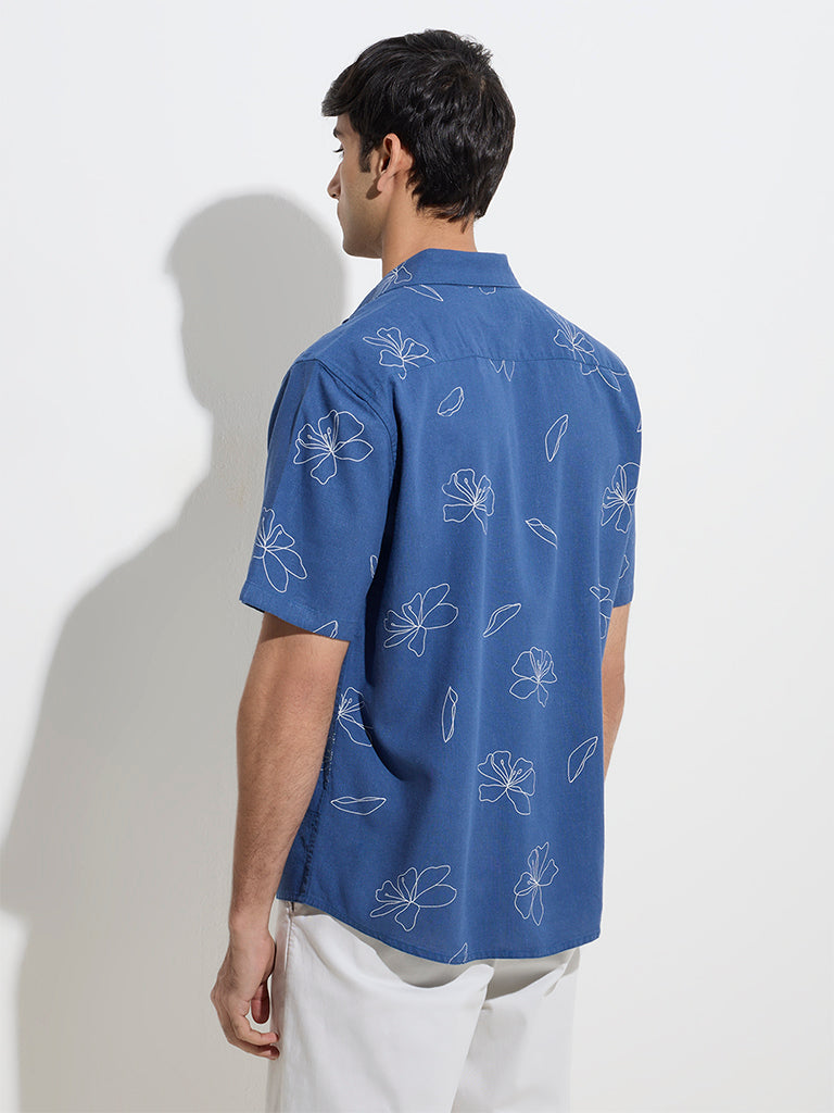 Westside Ascot Men's Indigo Floral Design Relaxed-Fit Shirt for Casual Wear Back View