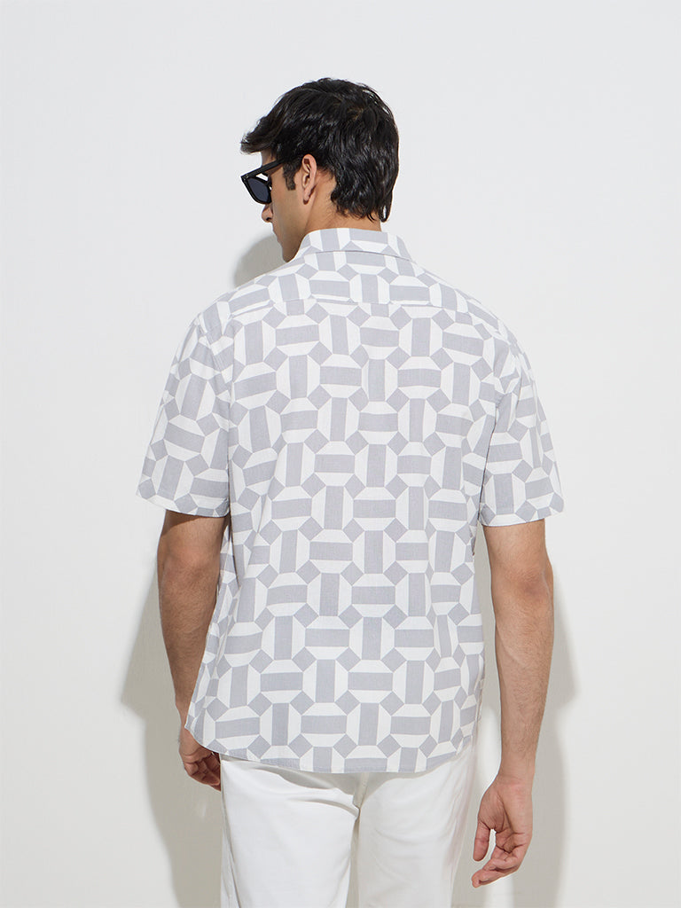 Westside Ascot Men's Grey Geometric Design Relaxed-Fit Linen Shirt for Casual Wear Back View
